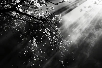 Sunlight Streaming Through Tree Branches In Black And White