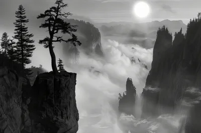 Black And White Mountain Landscape With Pine Tree