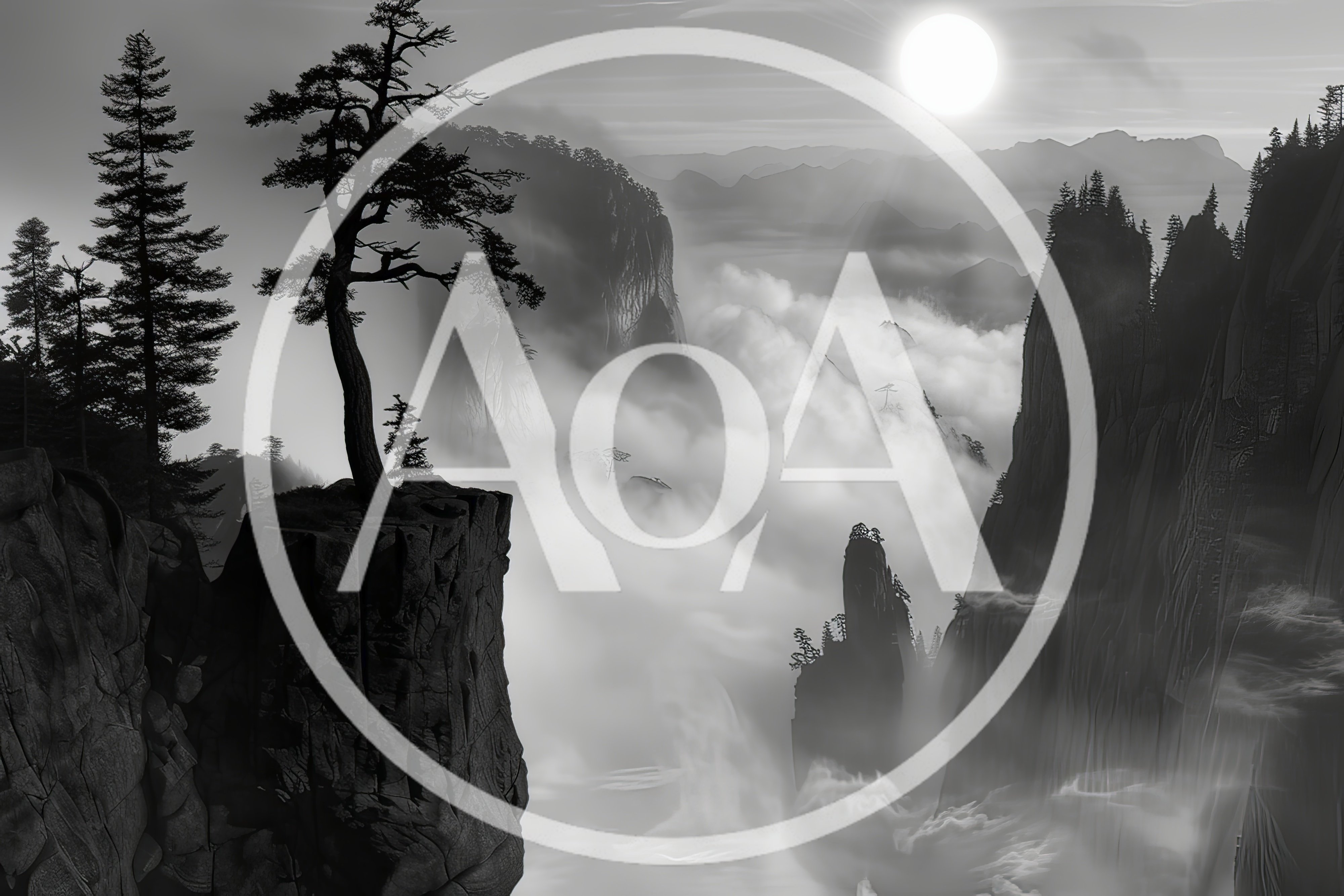 Black And White Mountain Landscape With Pine Tree