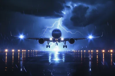 Commercial Airplane Landing During A Severe Thunderstorm