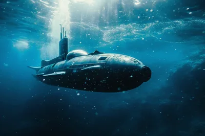 Military Submarine Cruising Underwater In Deep Ocean