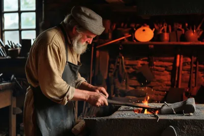 Elderly Blacksmith Working With Hot Metal In Workshop