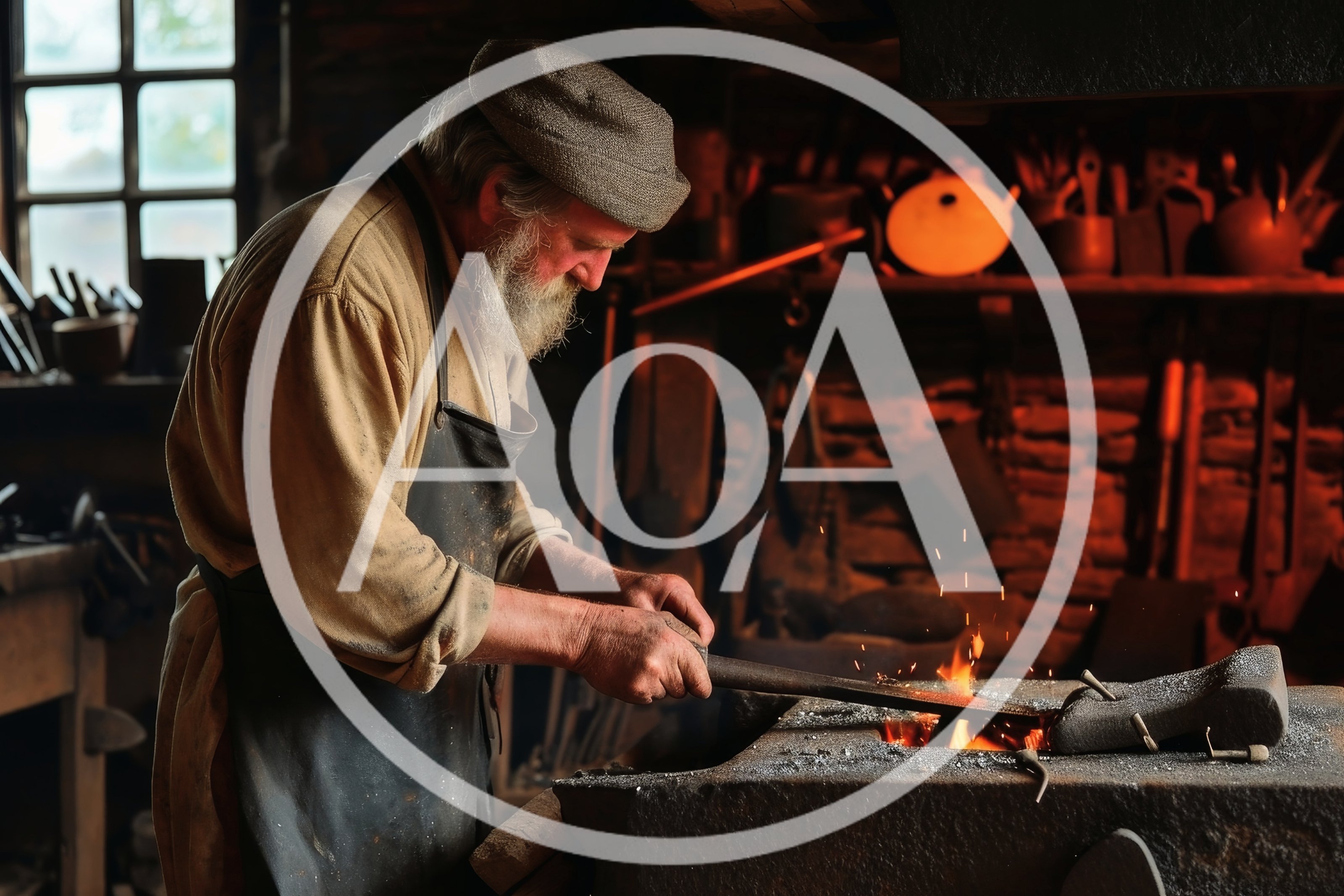 Elderly Blacksmith Working With Hot Metal In Workshop