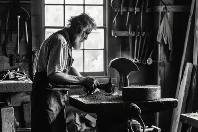 Elderly Blacksmith Working Metal In A Rustic Workshop