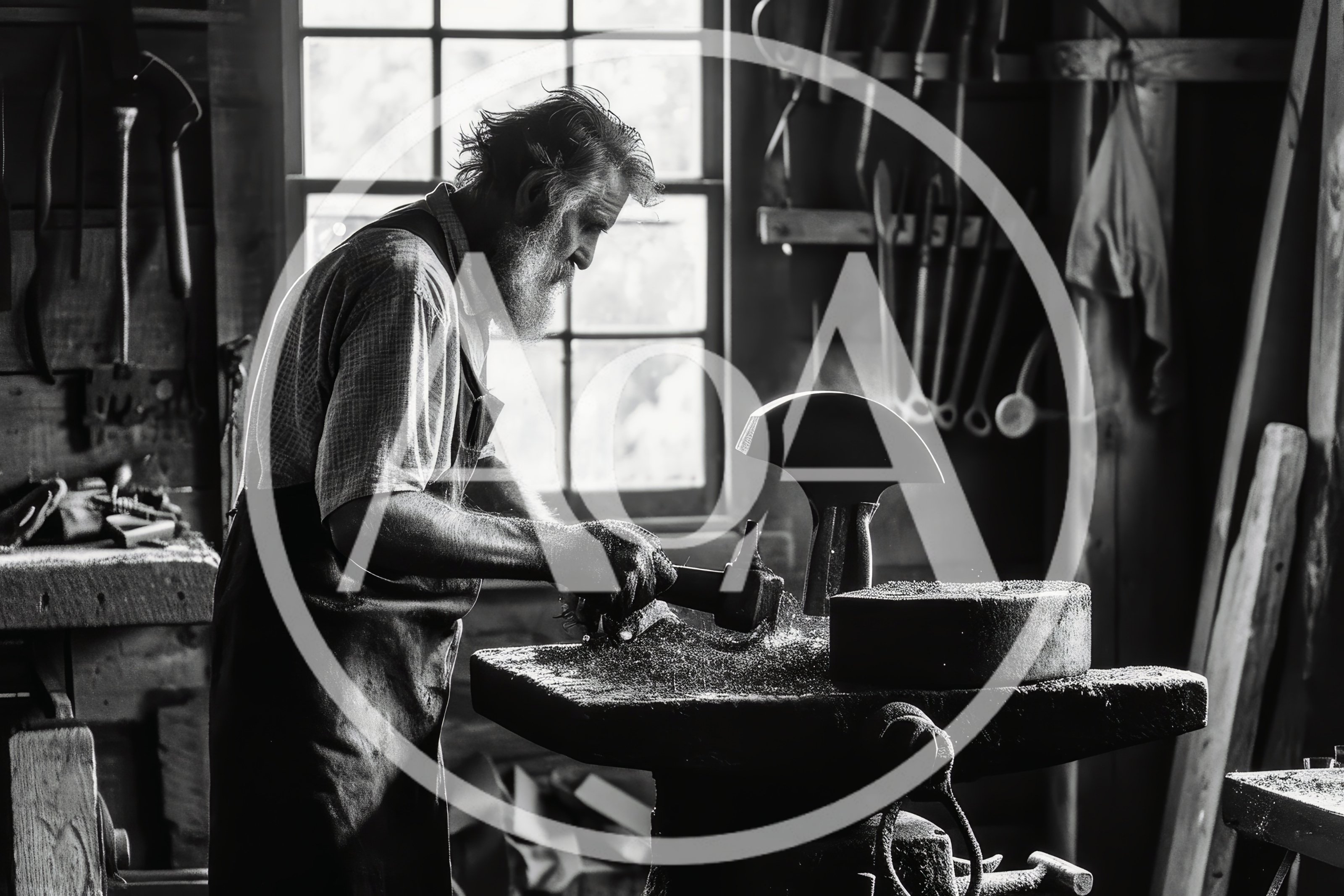 Elderly Blacksmith Working Metal In A Rustic Workshop