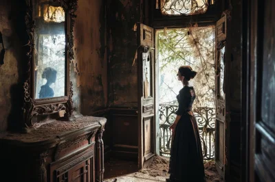 Woman in Victorian Dress Standing in Abandoned Mansion