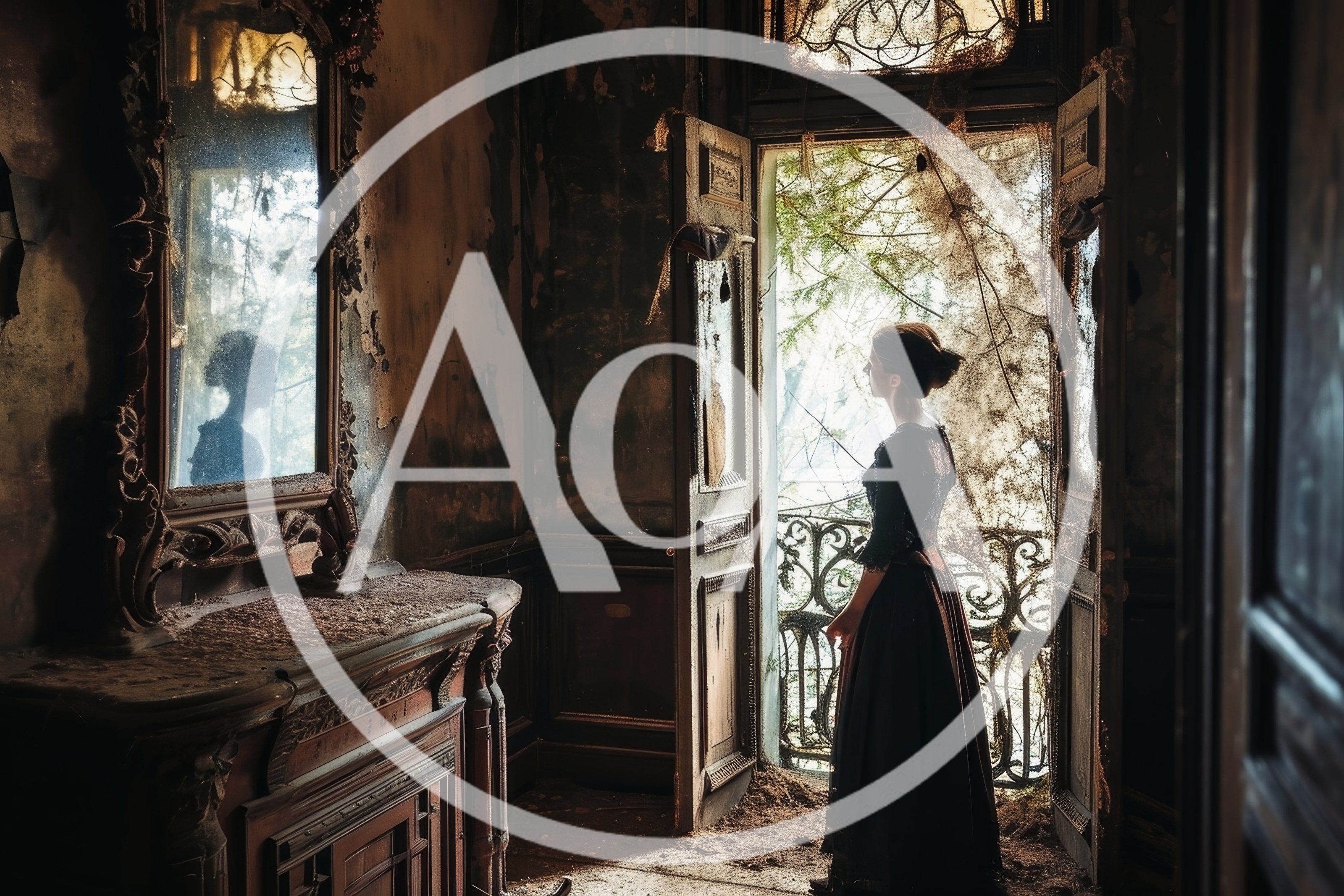 Woman in Victorian Dress Standing in Abandoned Mansion
