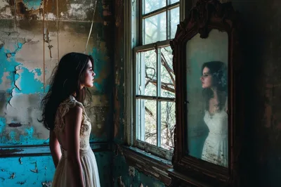 Young Woman In Wedding Dress Looking Into Antique Mirror
