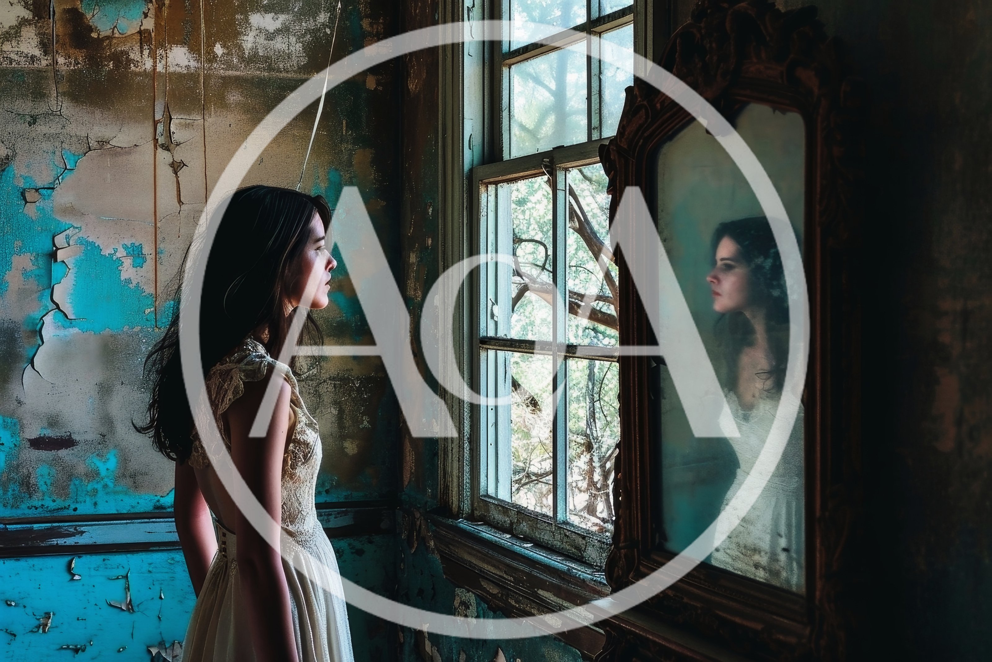 Young Woman In Wedding Dress Looking Into Antique Mirror