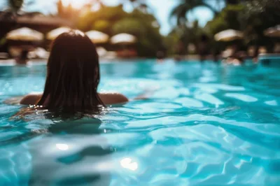 Woman Swimming In A Tropical Resort Pool