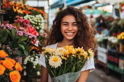 Young Woman Holding Yellow Flowers At A Flower Market