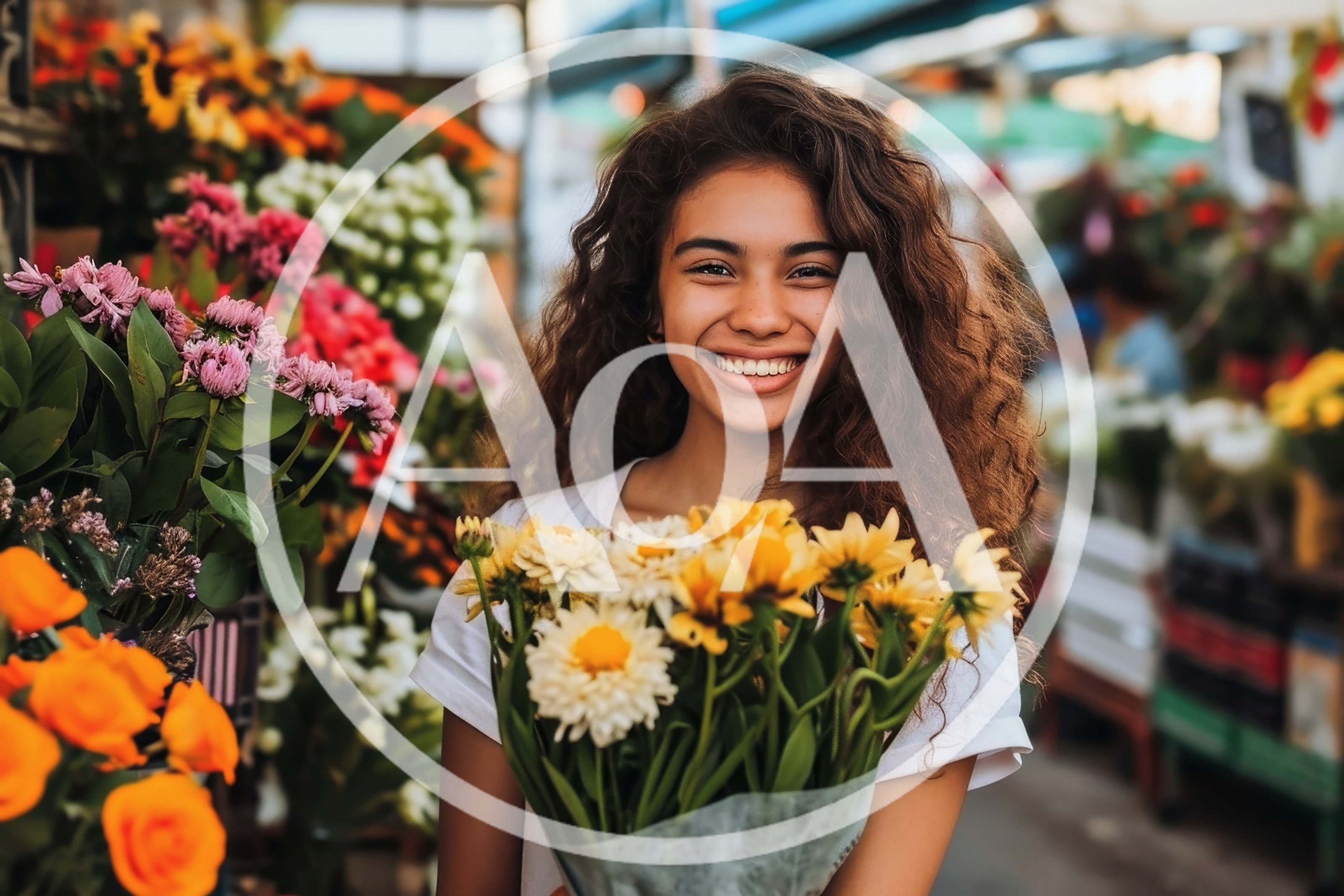 Young Woman Holding Yellow Flowers At A Flower Market