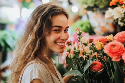 Young Woman Smiling While Smelling Fresh Flowers