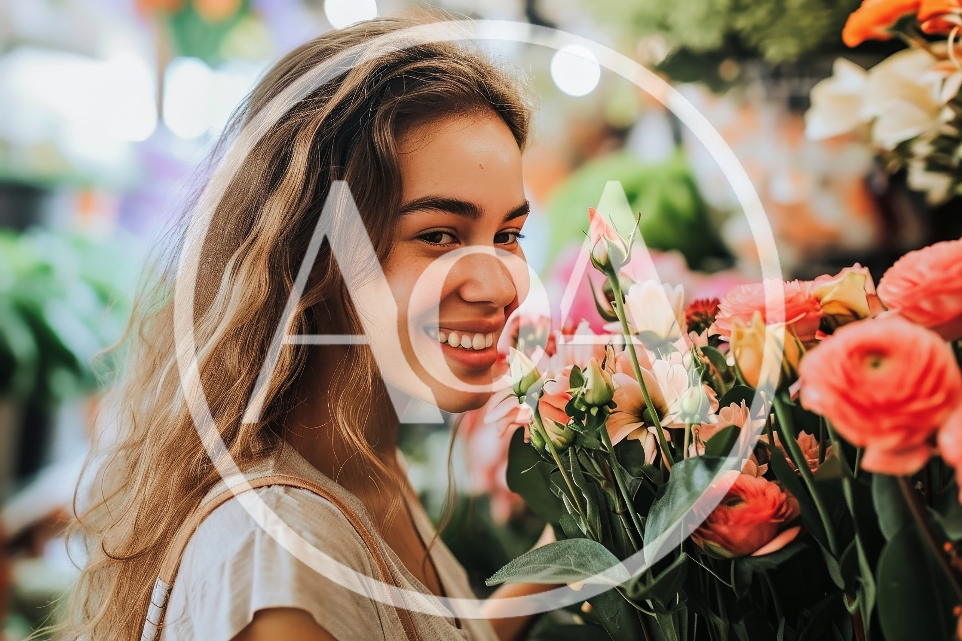 Young Woman Smiling While Smelling Fresh Flowers