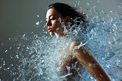 Woman Surrounded By Exploding Shards Of Shattered Glass