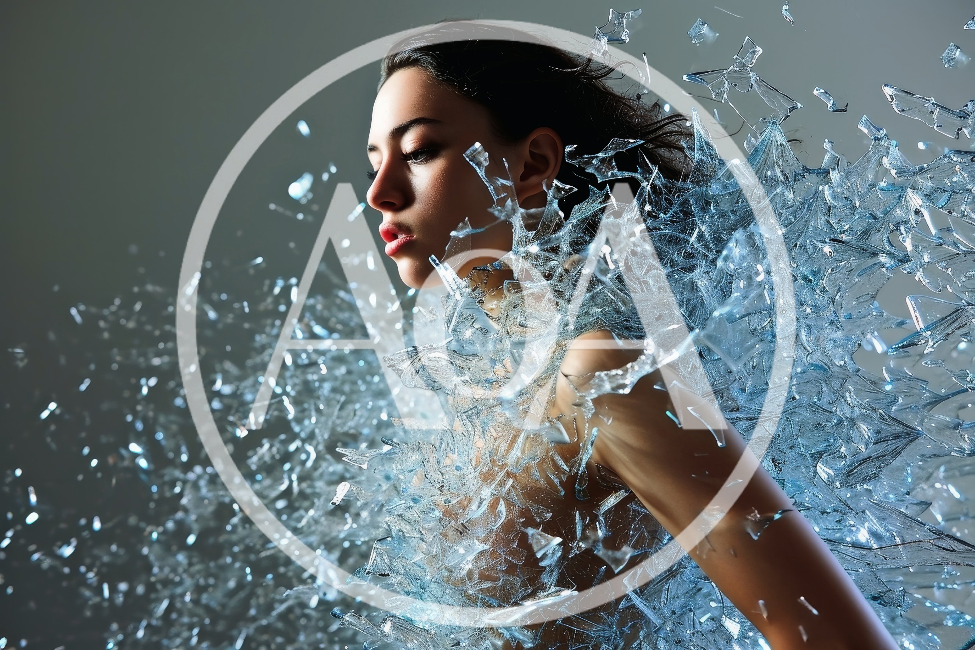 Woman Surrounded By Exploding Shards Of Shattered Glass