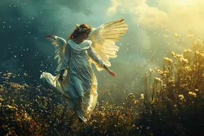 Ethereal Angel Walking Through A Golden Meadow