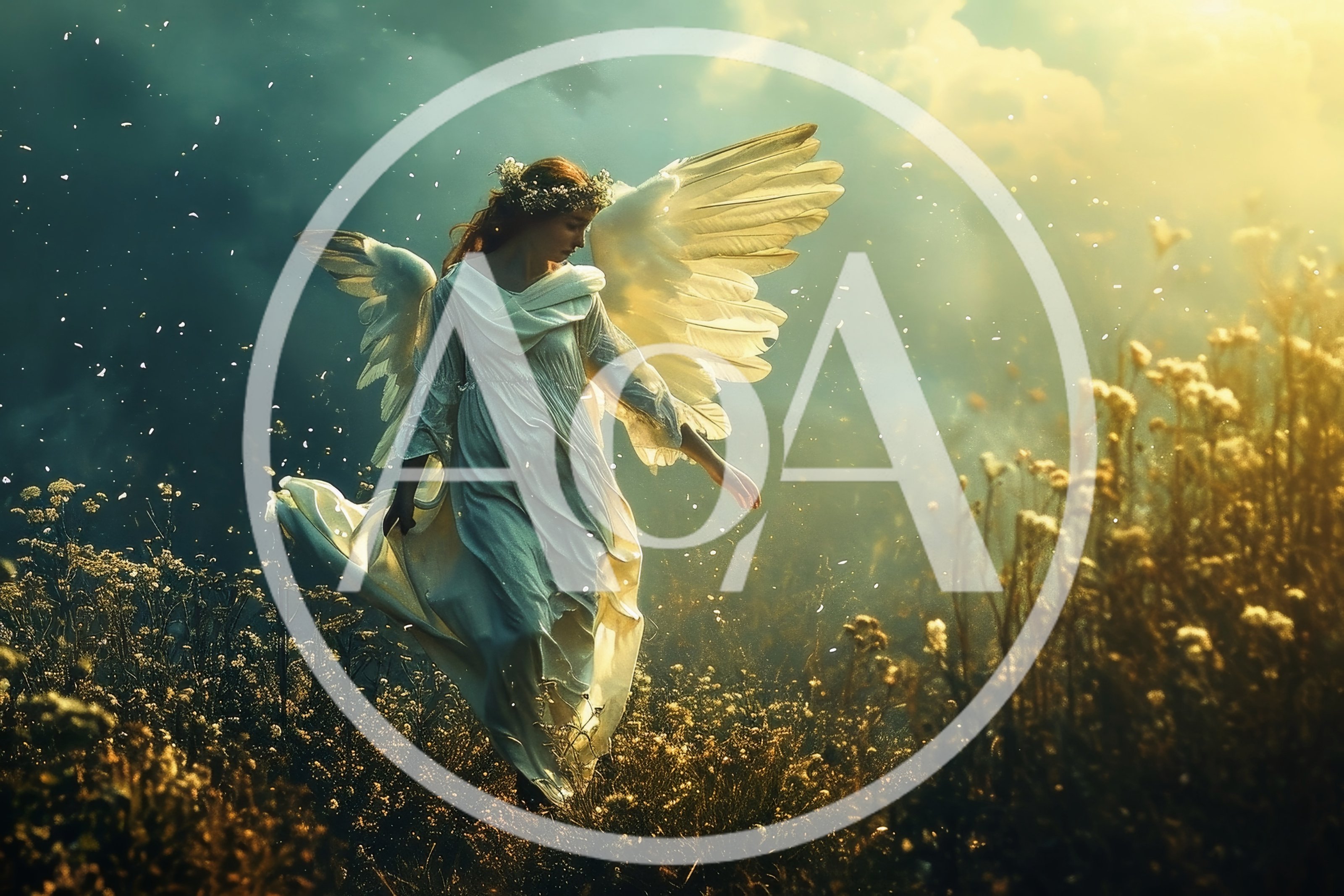 Ethereal Angel Walking Through A Golden Meadow