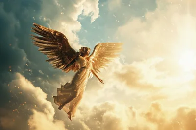 Majestic Angel Flying Through Golden Clouds