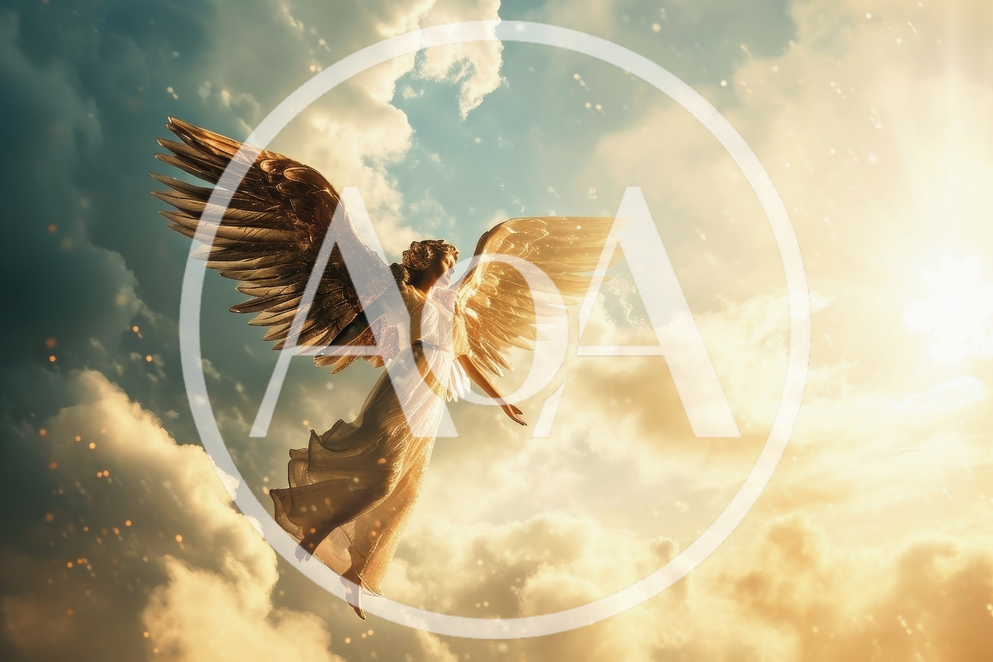 Majestic Angel Flying Through Golden Clouds
