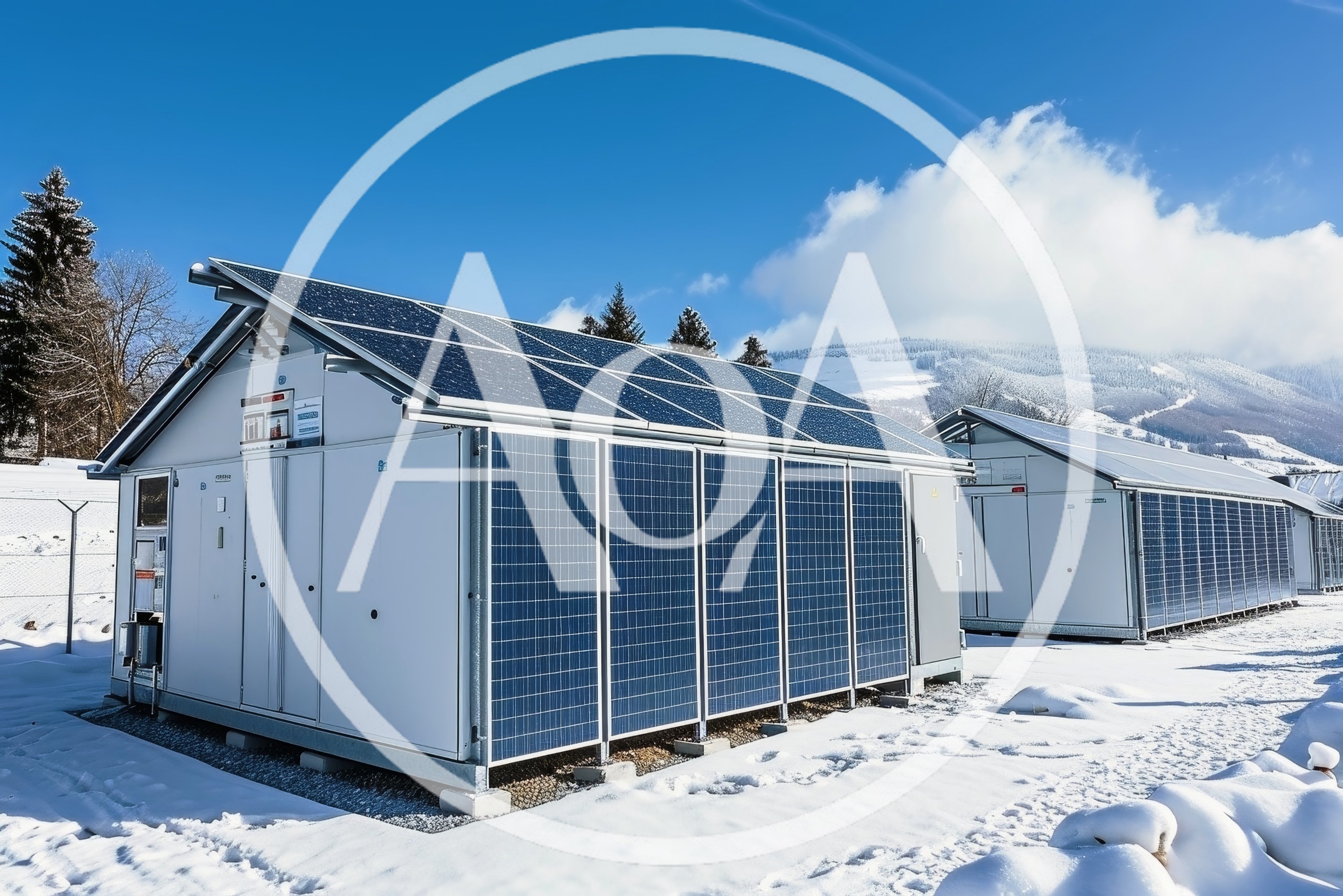 Solar Power Station Units In Snowy Mountain Landscape