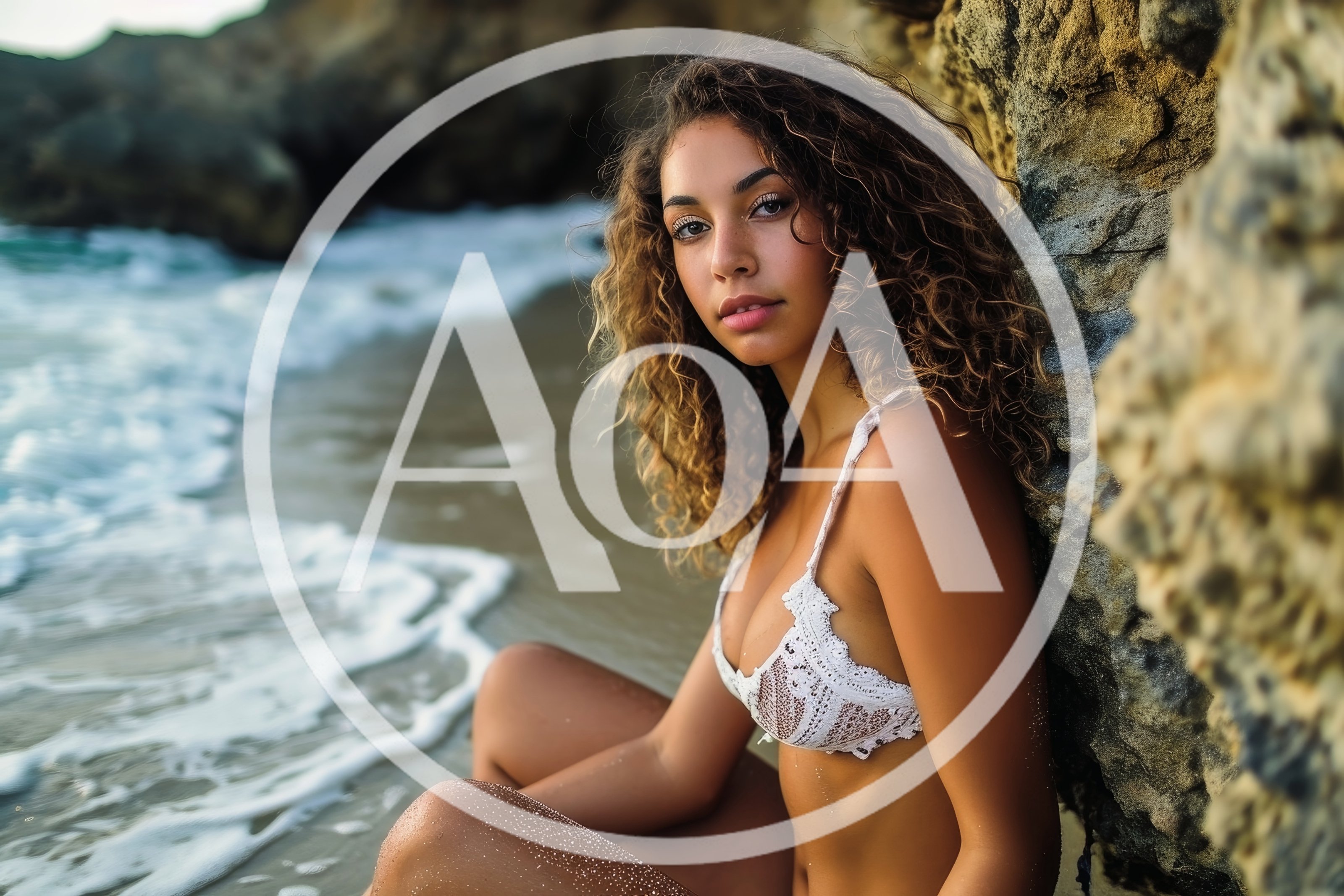 Young Woman With Curly Hair Sitting By Ocean Rocks