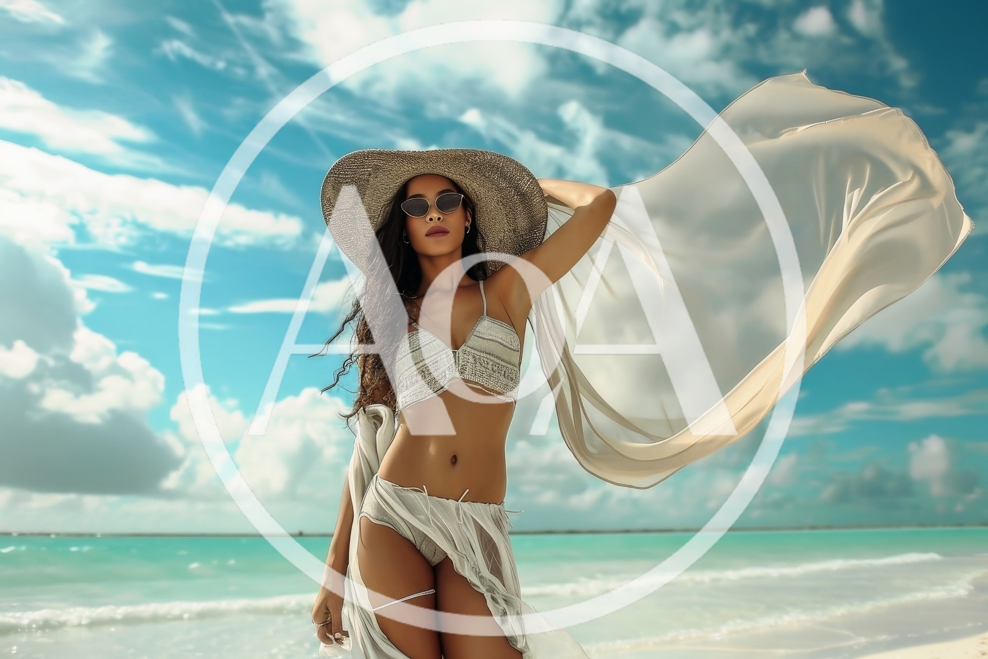 Fashionable Woman Posing On A Tropical Beach