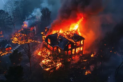 Aerial View Of A House Engulfed In Flames