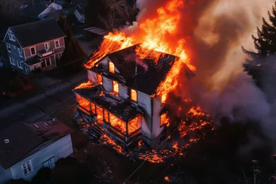 Aerial View Of A Residential House Engulfed In Flames