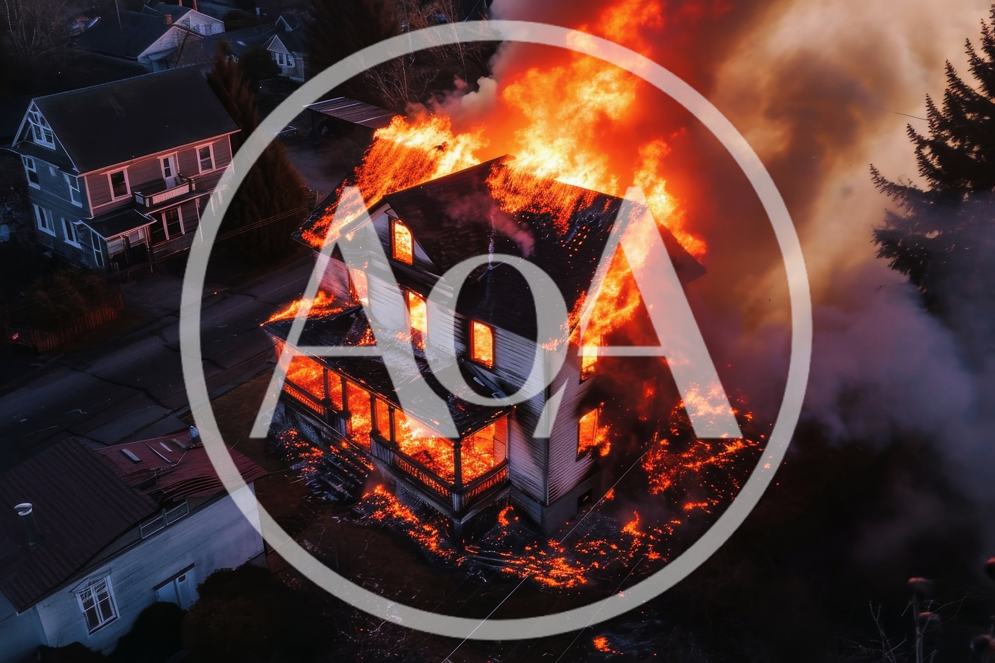 Aerial View Of A Residential House Engulfed In Flames