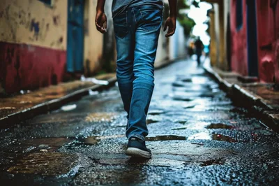 Person Walking Down A Narrow Wet Alleyway