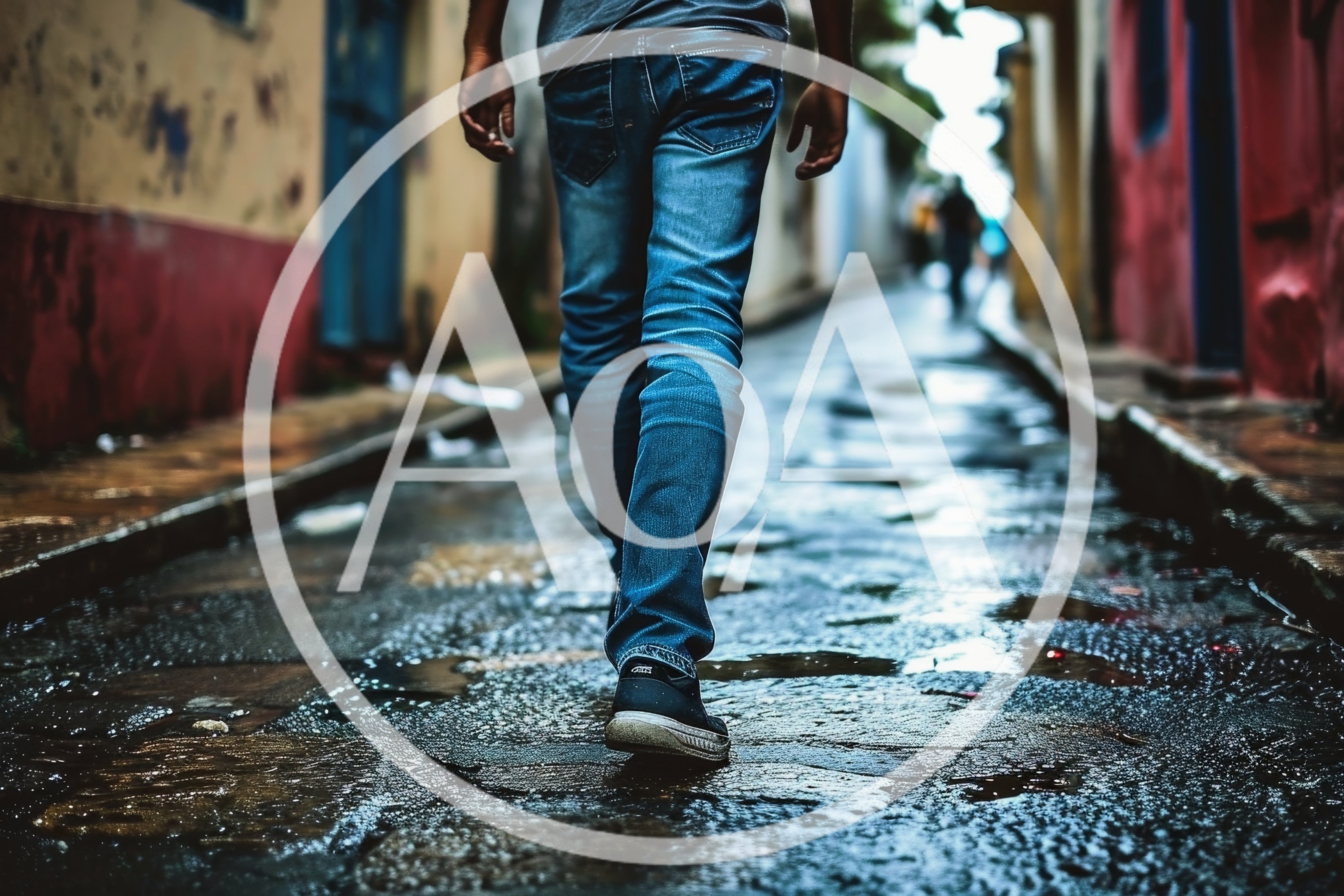 Person Walking Down A Narrow Wet Alleyway