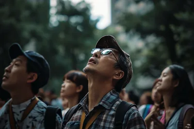 Group Of Tourists Looking Up At City Architecture