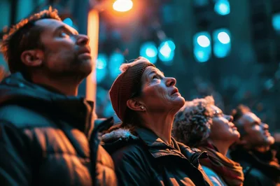 Diverse Group Looking Upwards At Night City Lights