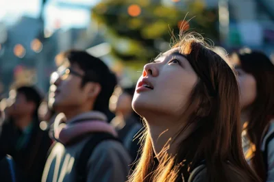 Young Asian Woman Looking Upwards In A Crowd