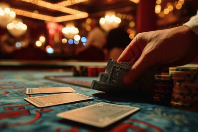 Hand Holding Playing Cards at a Casino Table