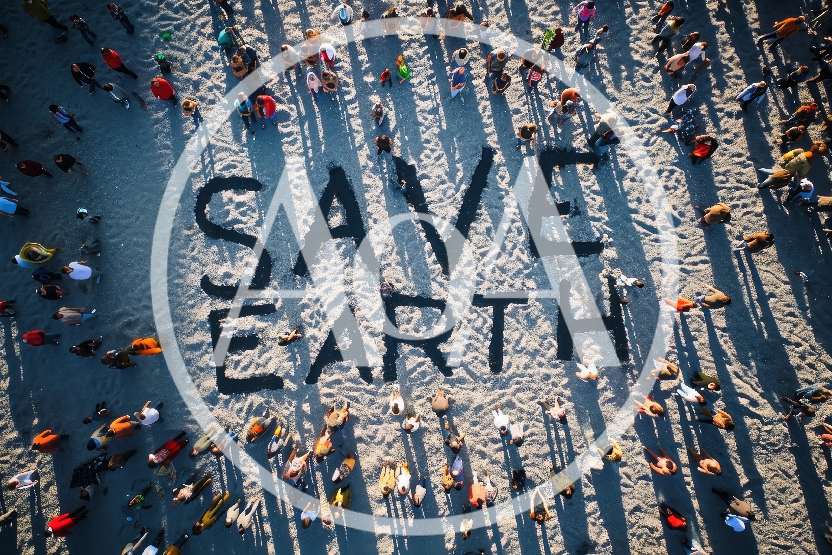 Aerial View Of People Forming Save Earth Text On Beach