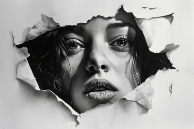 Hyperrealistic Charcoal Drawing Of A Woman Peering Through Paper
