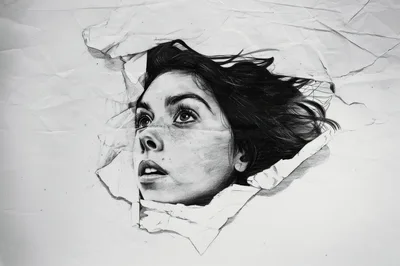 Hyperrealistic Pencil Drawing Of A Woman Breaking Through Paper