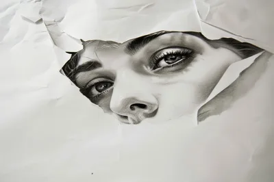 Hyperrealistic Pencil Drawing Of A Woman Peering Through Paper