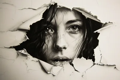 Hyperrealistic Charcoal Drawing Of A Woman Peering Through Paper