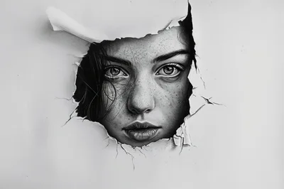 Hyperrealistic Charcoal Drawing Of A Woman Peering Through Paper
