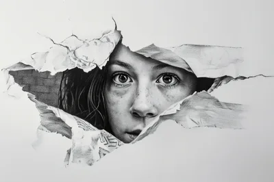 Hyperrealistic Pencil Drawing Of A Girl Peering Through Paper