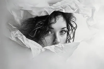 Hyperrealistic Pencil Drawing Of A Woman Peering Through Torn Paper