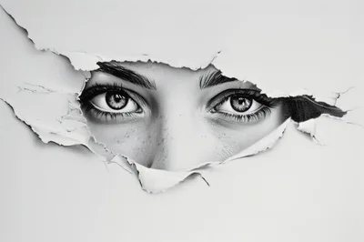 Hyperrealistic Pencil Drawing Of Human Eyes Peering Through Paper
