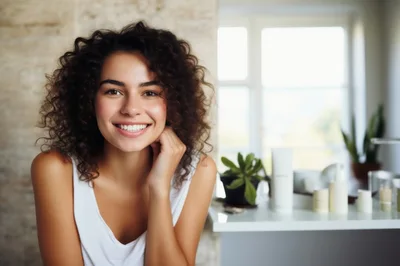 Smiling Young Woman With Curly Hair In A Bright Room
