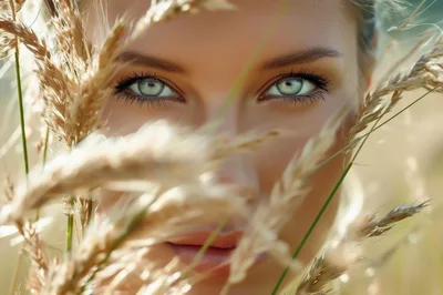Close Up Portrait Of A Woman In Wheat Field