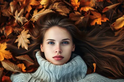 Young Woman Lying In Autumn Leaves