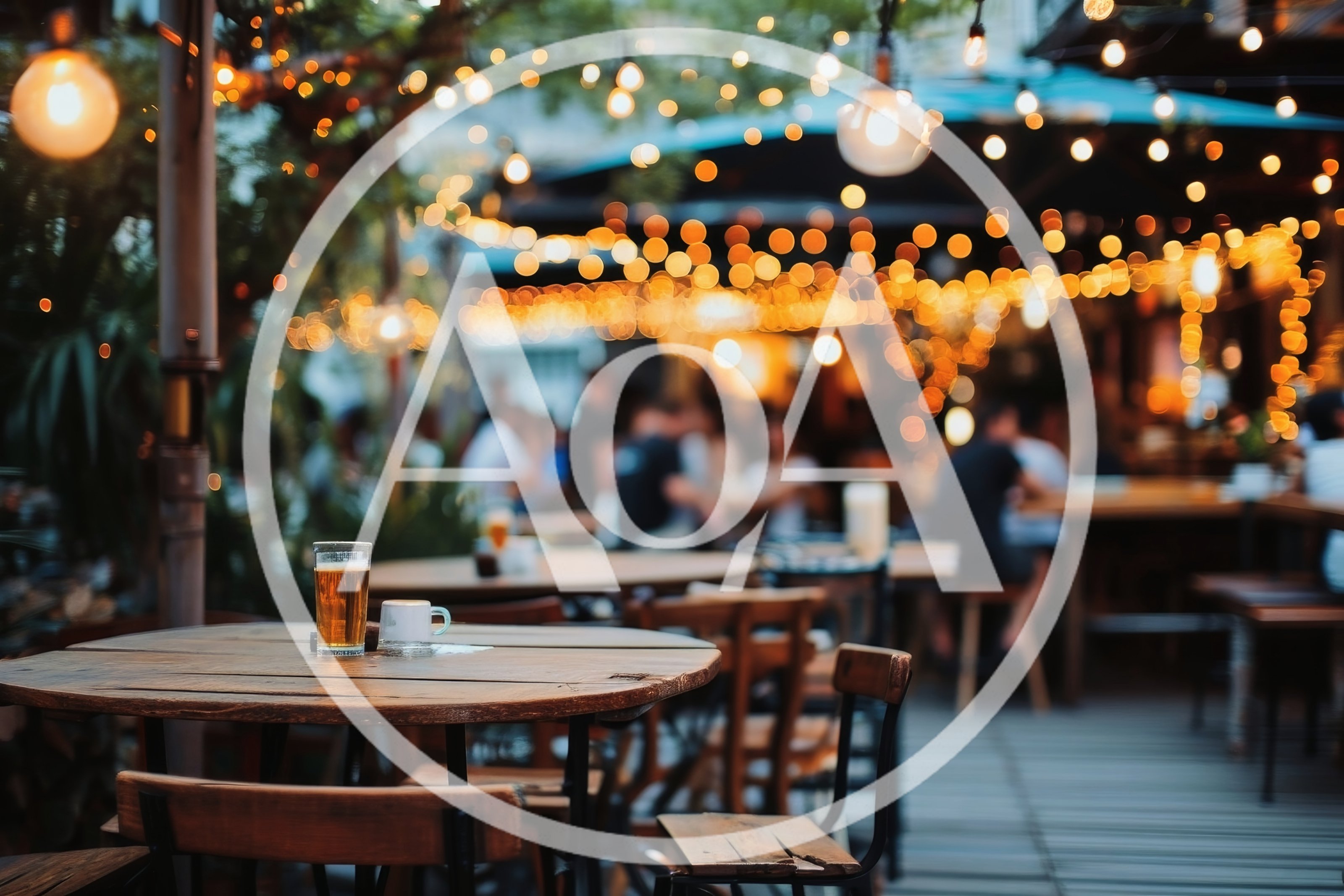 Outdoor Restaurant Patio With Beer At Sunset