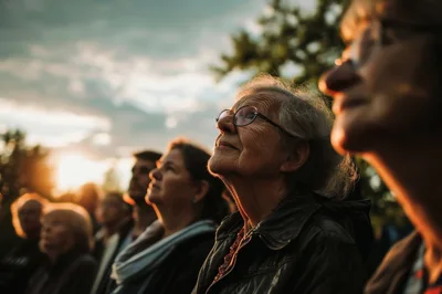 Group Of People Looking Up At Sunset